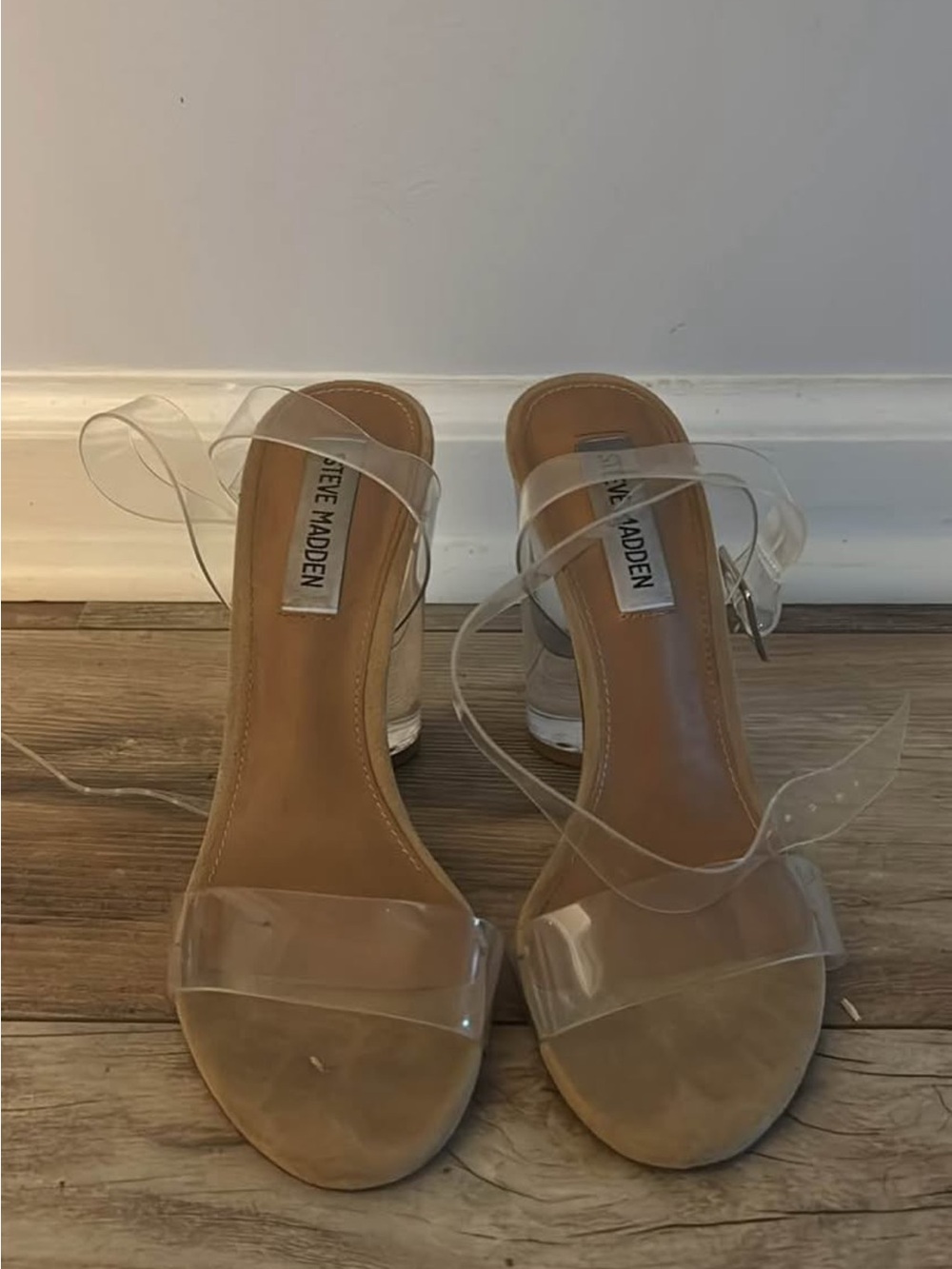 Steve Madden Clear PVC Block Heel Sandals - Tan Insole